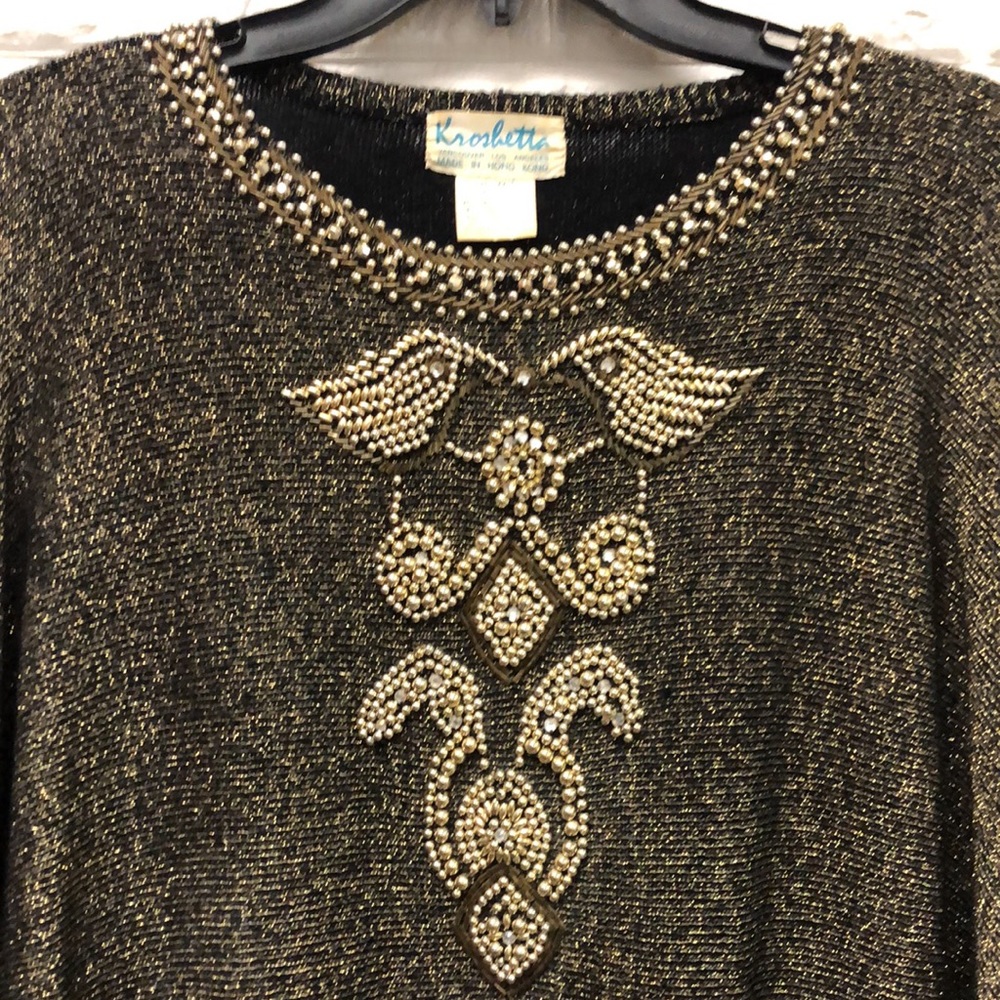 Vintage Kroshetta‎ Gold beaded wool foil sweater made in Hong Kong size 36 M/L